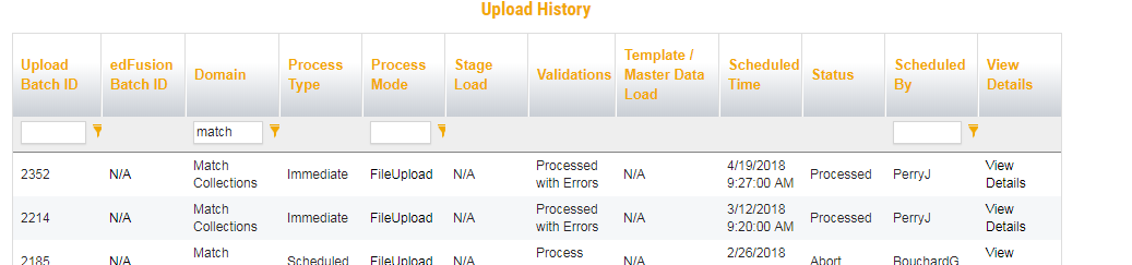 screen shot of upload history table